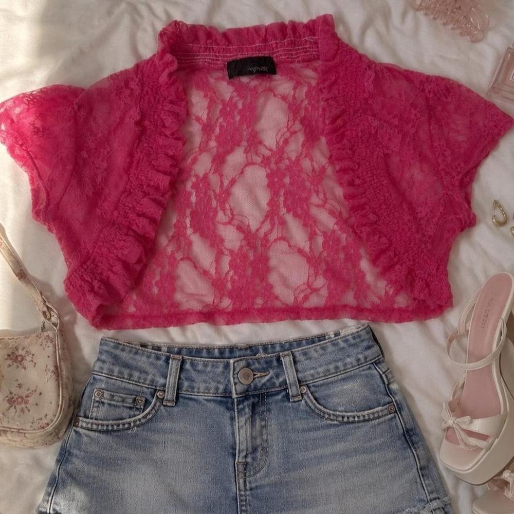 Pink Lace Bolero  Y2K hot pink floral lace bolero size XL